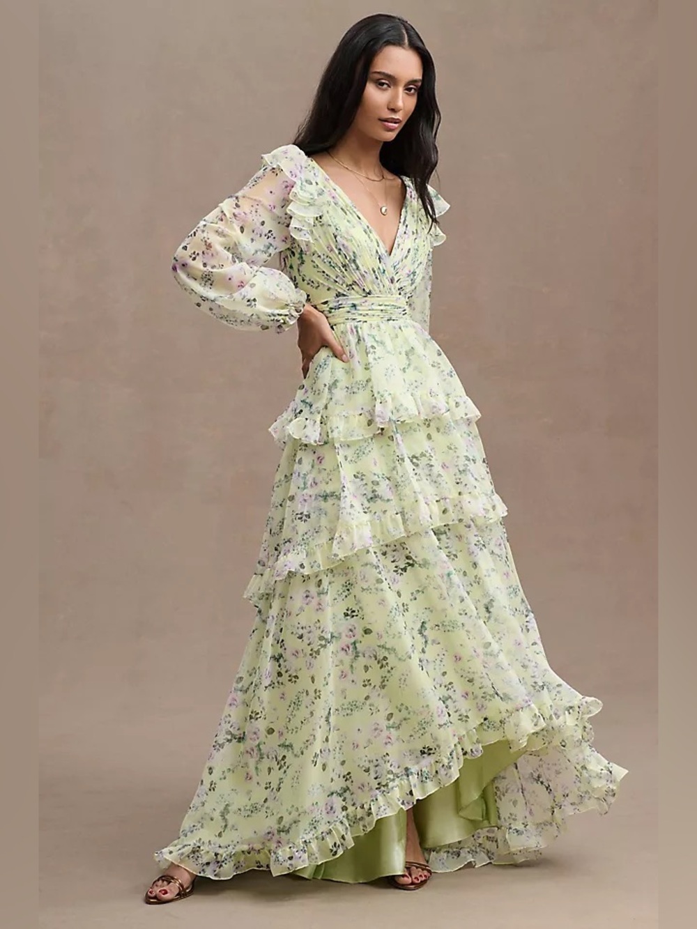 Mac Duggal Tiered A-Line Long Sleeve Chiffon Gown Size 10 EUC